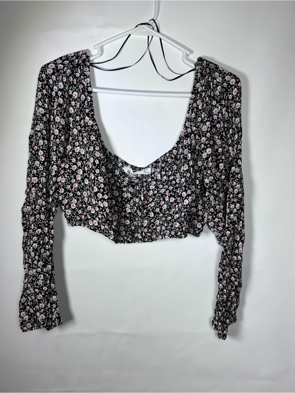 Elodie Size L Black Pink Floral Puff Sleeve Tie Back Crop Top Cottagecore